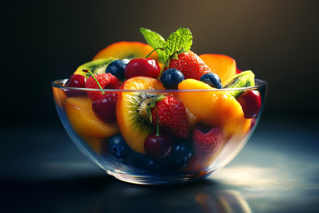Vibrant fruit salad in a glass bowl a colorful display of freshness and summer delightの写真素材