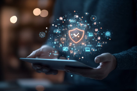 Businessman with virtual shield and checkmark on blue, showcasing technology security concept