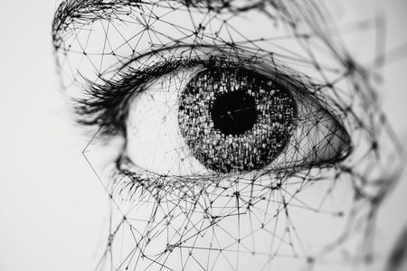 Intricate black and white abstract illustration of a human eye with geometric patterns and lines