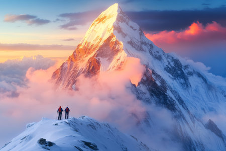 Hikers on a snowy ridge admire a majestic mountain peak amidst pastel sky and misty cloudsの写真素材