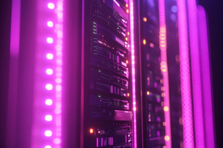 Close up of detailed server rack with glowing data streams in vibrant bokeh background