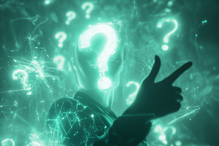 Engaging interaction person pointing at glowing question marks in a modern digital landscapeの写真素材