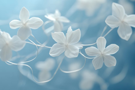 Elegant abstract floral design with intricate white flowers and swirling vines on blue backgroundの写真素材