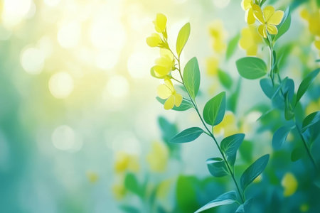 Yellow Flowers in Springtime, Sunlight, and a Natural Green Background, Floral Beauty in Nature