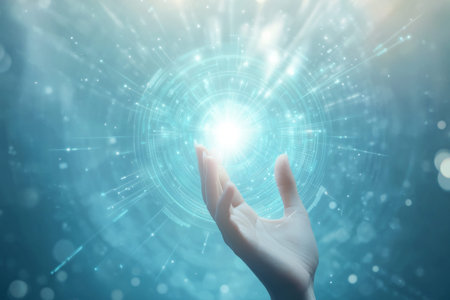 Futuristic business concept with a hand engaging a glowing digital interface in a high tech setting
