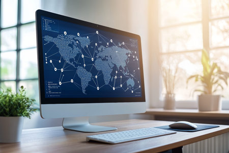Modern workspace with desktop computer showcasing global connectivity and digital collaboration