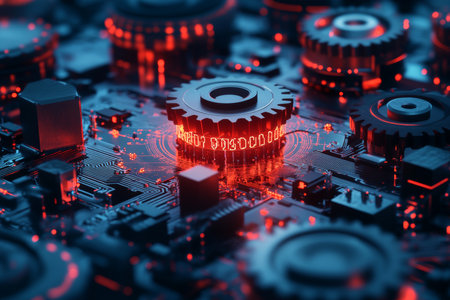 Futuristic digital technology concept with blue and red circuit board and gears illustrationの写真素材