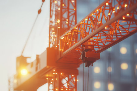 Hyper realistic close up of a bright orange construction tower crane against modern urban backdropの写真素材