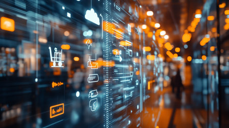 Futuristic digital interface with floating icons and bokeh lights in a modern tech environmentの写真素材