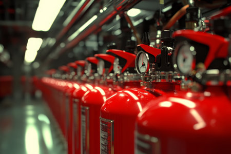 A row of red fire extinguishers with detailed features and bright lighting in a safety settingの写真素材