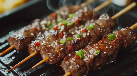 Close up of juicy grilled beef skewers with glaze, garnished with green onions and sesame seedsの写真素材