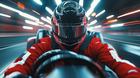 Close up of a karting driver in action with helmet and red suit on a speedy indoor trackの写真素材