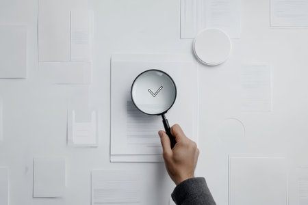 Detailed inspection magnifying glass over document with checkmark on a clean white backgroundの写真素材