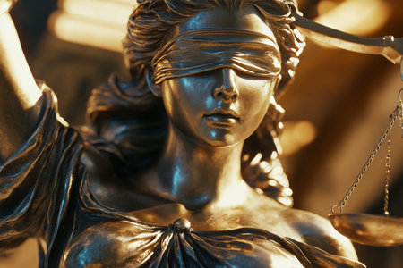 Close up of lady justice statue symbol of law, fairness, and impartiality in a courtroom settingの写真素材