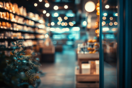 Luxurious supermarket interior with blurred shelves and bright light bokeh effect for banner useの写真素材