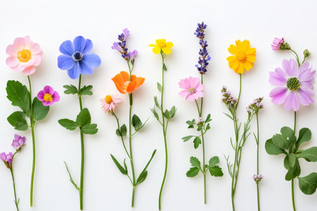 Minimalist illustration of colorful wildflowers and leaves in a horizontal arrangement on white