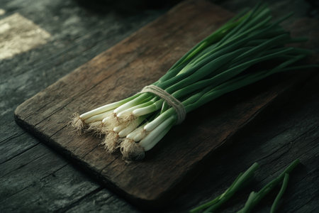 Rustic minimalist food scene featuring fresh green onions on a wooden cutting boardの写真素材