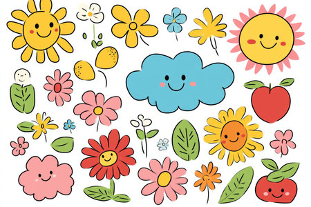 Playful cartoon doodles of flowers, suns, and clouds with happy faces in bright pastel colorsの写真素材