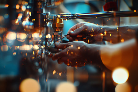 Close up of a plumber repairing a gas pipe on a modern heating boiler with blurred background