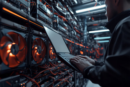 Technician operating high performance gpu rigs in a cryptocurrency mining facility environmentの写真素材
