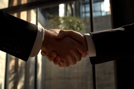 Close up of a handshake between business professionals in a modern office symbolizing trustの写真素材