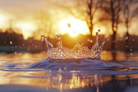 Ultra realistic high speed capture of a water splash forming a crown in a golden hour glowの写真素材