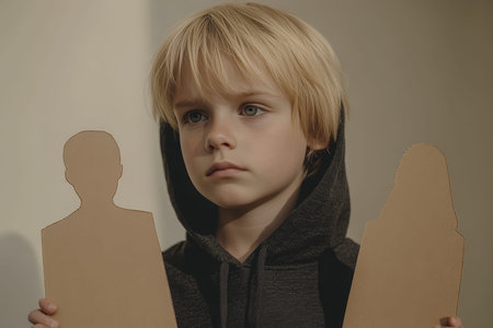 Realistic portrait of a young blond boy in dark gray hoodie holding cardboard cutoutsの素材