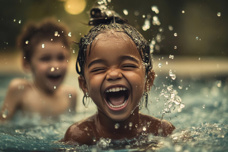 Joyful children splashing in a swimming pool under warm sunlight, capturing laughter and funの素材