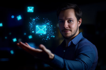 A person reaching for a glowing 3d email icon, symbolizing digital communication and technologyの素材