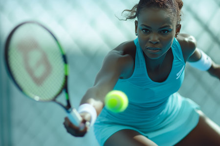 Dynamic close up of a female tennis player in blue outfit striking a neon green tennis ballの素材