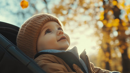 Joyful baby boy in stroller outdoors, gazing at the sky in stylish winter attireの素材