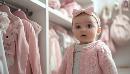 Charming realistic photo of newborn baby hanging on hangers in a pink themed wardrobe at homeの素材