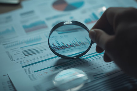 Close up of a person analyzing data with a magnifying glass over colorful charts and graphsの写真素材