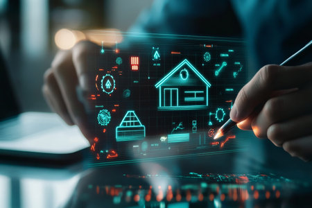 Futuristic smart home technology energy efficiency ratings and sustainable solutions illustrated