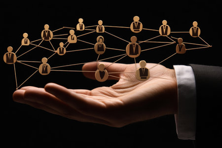Businessman showcasing diverse workforce icons, symbolizing teamwork in global digital marketingの写真素材