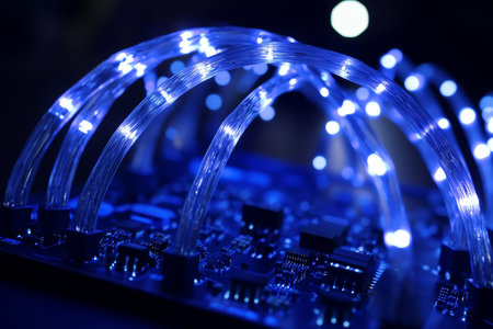 Close up of a high tech circuit board illuminated by blue light highlighting advanced electronics