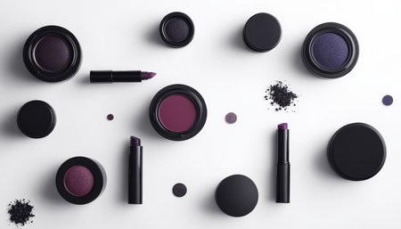 Flat lay of diverse makeup products displayed on a clean white background for beauty enthusiastsの写真素材