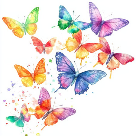 Whimsical watercolor butterflies in vibrant colors dancing across a bright white backgroundの写真素材