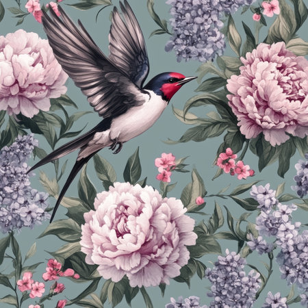 Elegant seamless pattern of swallows, peonies, lilacs, and cherry blossoms on muted backgroundの写真素材
