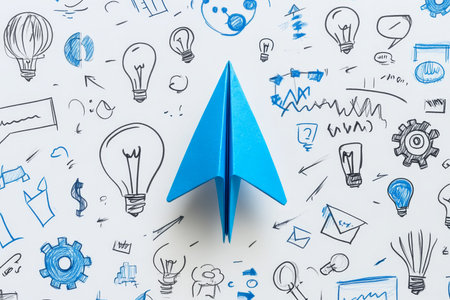 Minimalist blue paper airplane surrounded by creative business doodles on bright white background