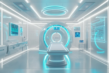 Futuristic medical diagnostic room with holographic displays and neon illuminated mri scannerの写真素材
