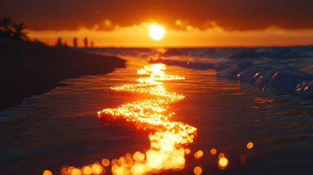 Stunning sunset at the beach vibrant orange sunlight reflecting on gentle ocean waves and sand