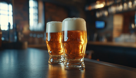 Two glasses of light lager on bar counter with blurred pub background and space for designの写真素材