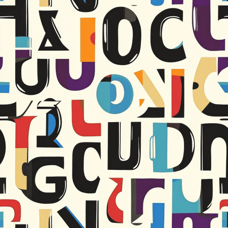 Vibrant mid century modern seamless pattern with colorful letters and numbers for text spaceの写真素材