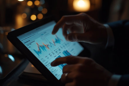 Close up of businessman analyzing sales data on tablet with financial dashboard for growth insightsの写真素材