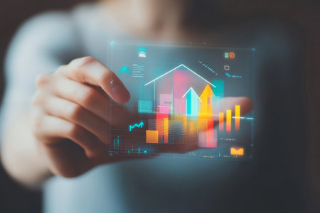 Individual showcasing energy sticker on screen for advanced green building architecture conceptの写真素材