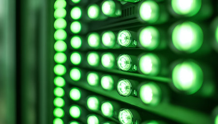Close up of green led lights on a data center server rack, symbolizing modern technologyの写真素材