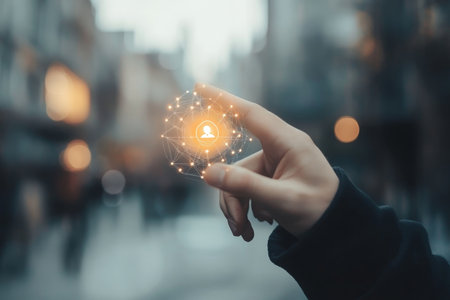 Businessman interacting with social network icons and map in blurred background connection conceptの写真素材