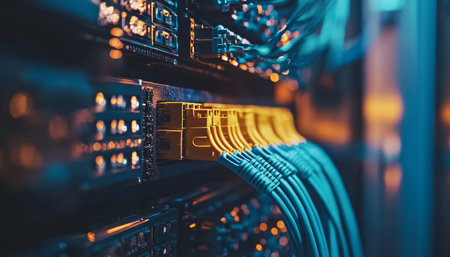 Intricate network cables and hardware in it room captured with realistic detail and color contrastの写真素材