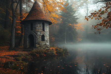 Mysterious stone tower by overgrown pond in foggy autumn forest a cinematic fantasy sceneの写真素材